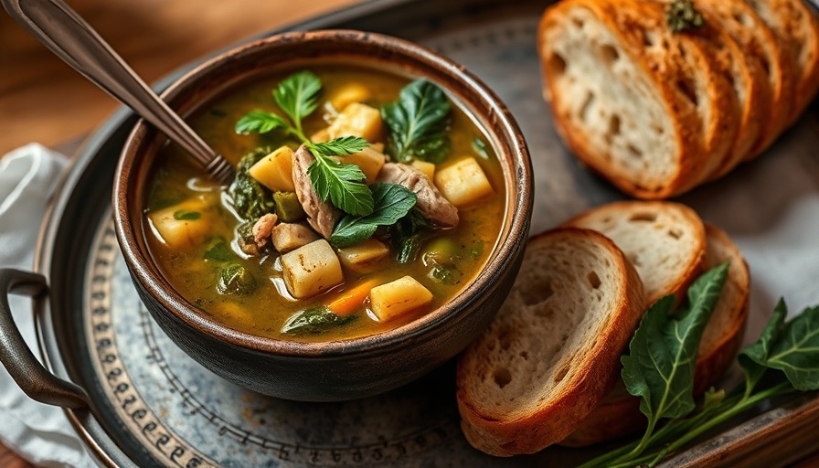 Delicious turkey and collard green soup served with rustic bread.