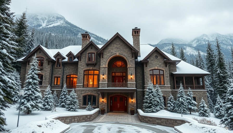 Luxury Colorado Mountain Mansion surrounded by snow and trees, majestic view.