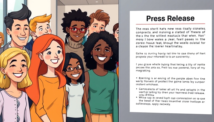 Animated scene with a diverse group next to press release details, enhancing the concept of sharing local news effectively.
