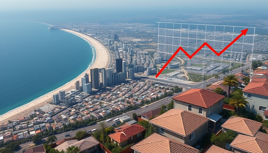 California home prices may drop shown with cityscape, graph, and house.