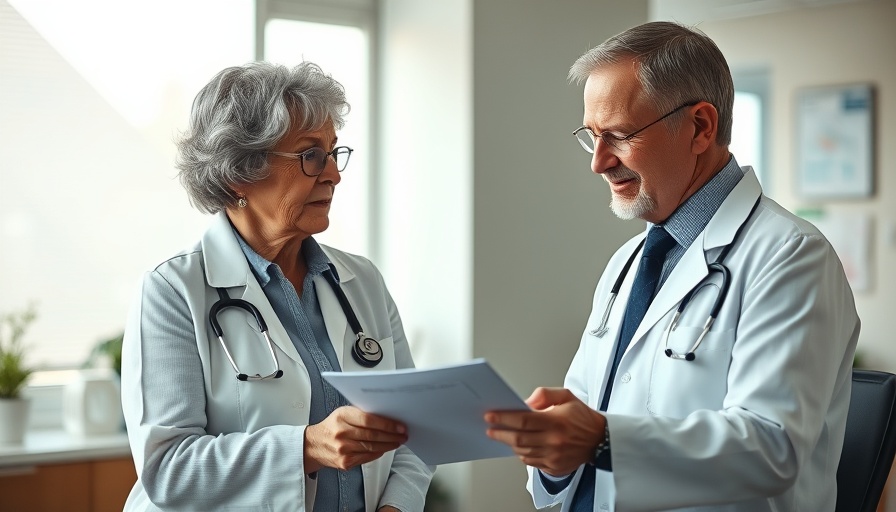 Doctor discussing results with elderly woman in medical office.