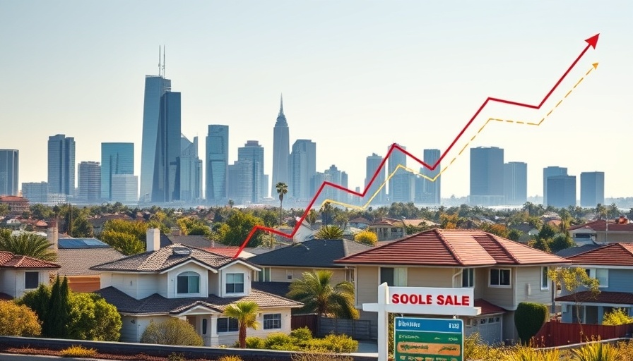 Urban skyline and graph depicting California home prices.