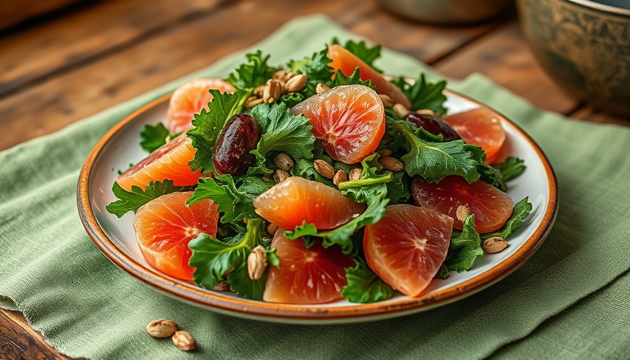 Kale and Grapefruit Salad with Buckwheat on a rustic plate.