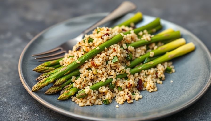 Get Your Greens: Fresh asparagus and quinoa salad on gray plate.