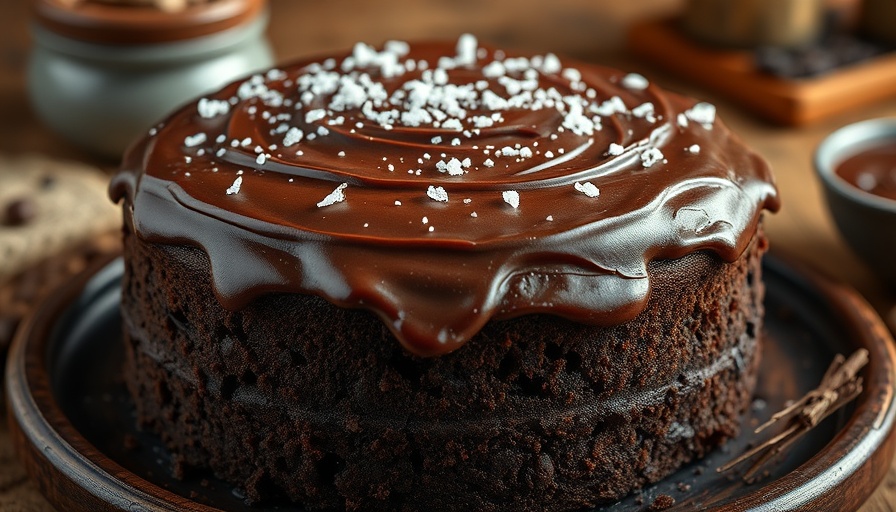 Vegetarian chocolate cake with rich frosting and sea salt.