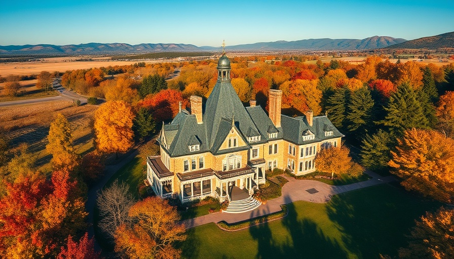 Aerial view of historic Longmont estate for sale with mountains.