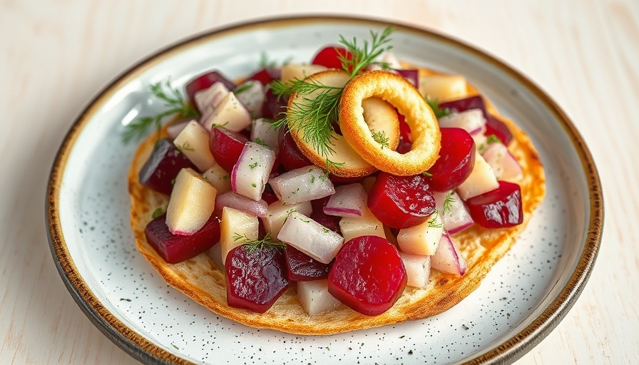 Herring beet apple salad on crackers elegantly served.