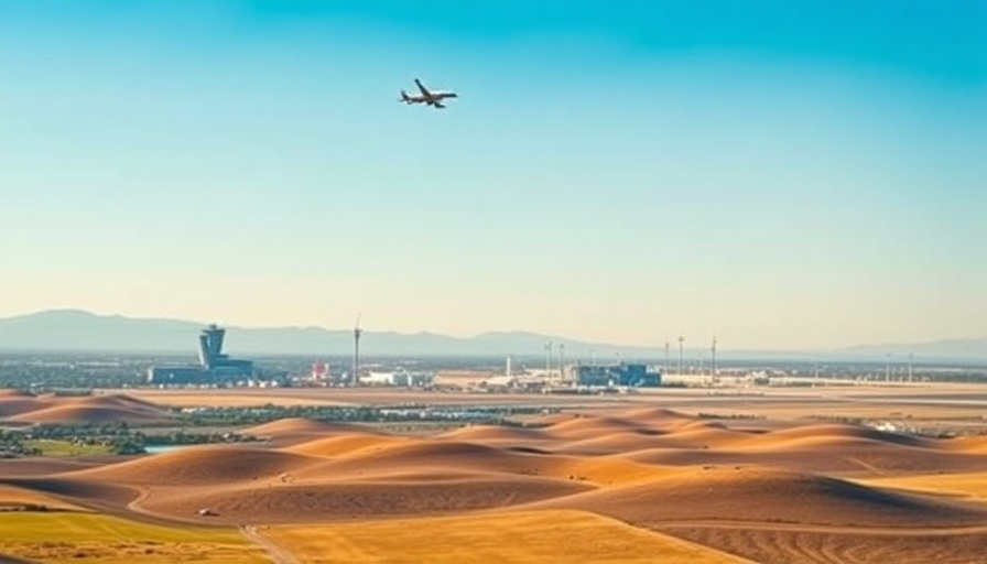 Aerial view of developments around Denver International Airport, featuring an airplane.