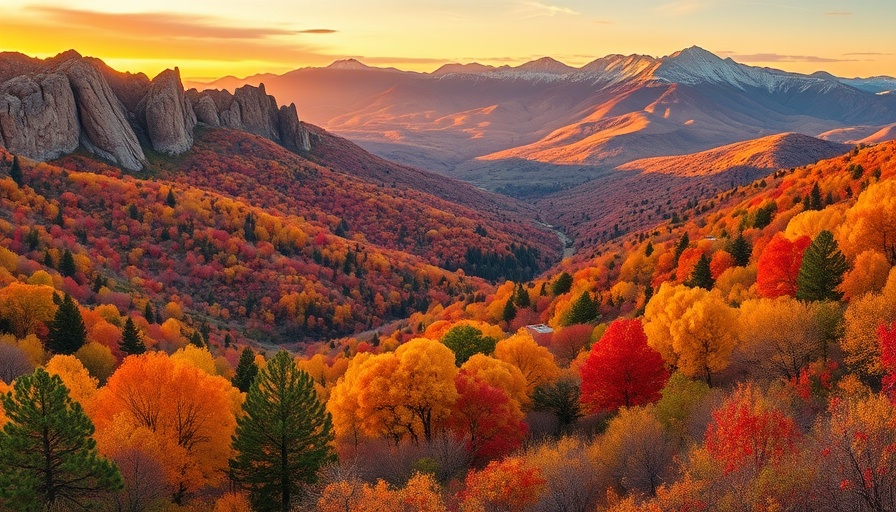 Autumn sunrise over Boulder Valley with colorful trees and mountains.