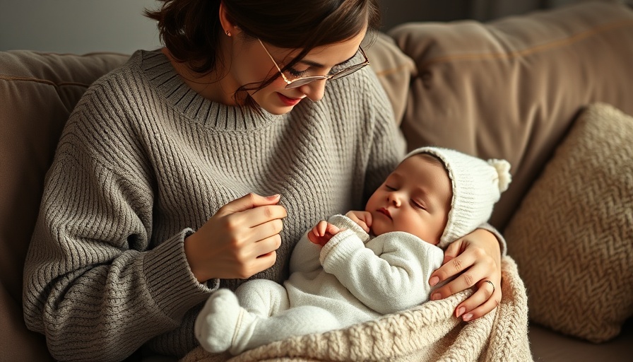 Woman knitting with baby on couch, homegrown garments theme.