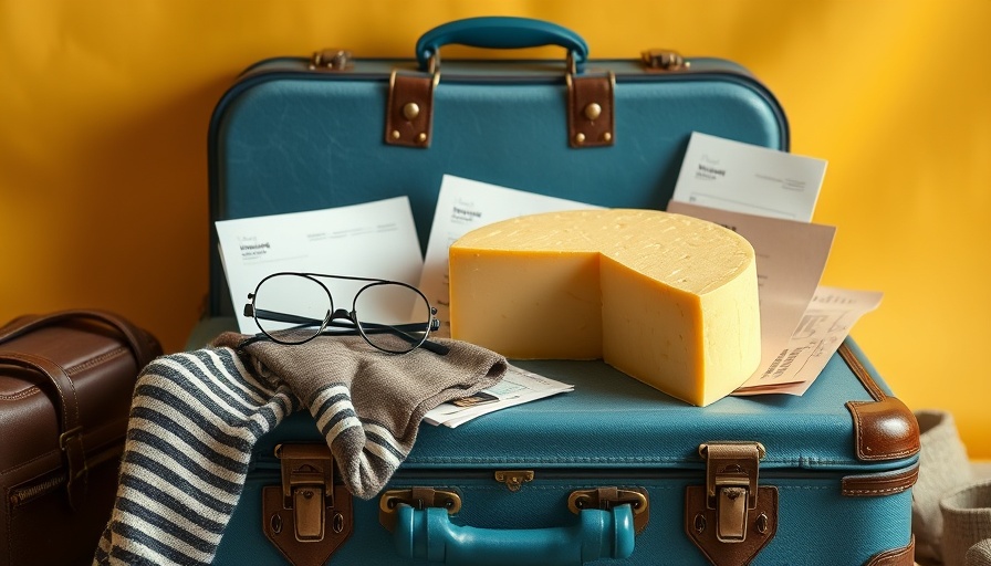 Retro suitcase with Parmigiano Reggiano and travel items, traveling with cheese.