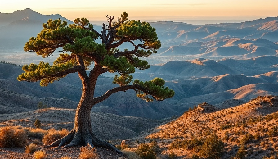Twisted evergreen tree in Colorado at sunset
