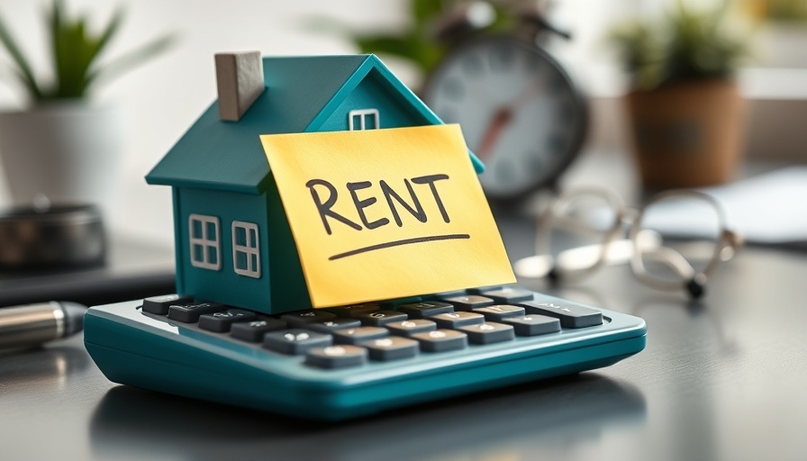 Miniature house model with 'rent' sticky note on calculator, real estate concept.