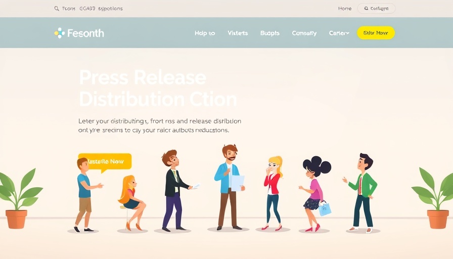 Homepage showcasing press release service, cartoon characters engaging.