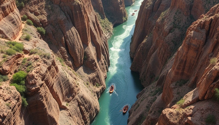 Whitewater rafting in a canyon near Colorado Springs, aerial view.
