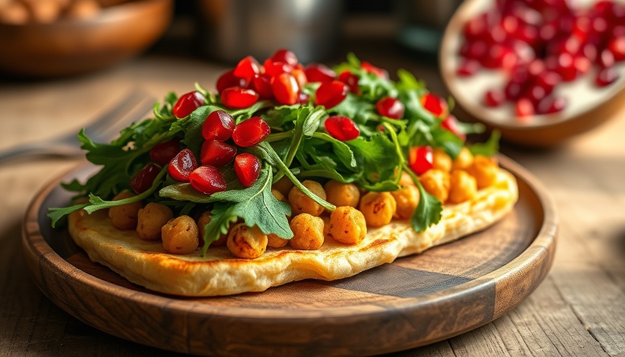 Appetizing chickpea flatbread sandwich with arugula and pomegranate.