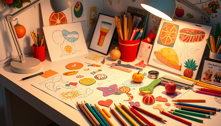 Artistic workspace with vibrant food sketches and supplies, emphasizing food as art.