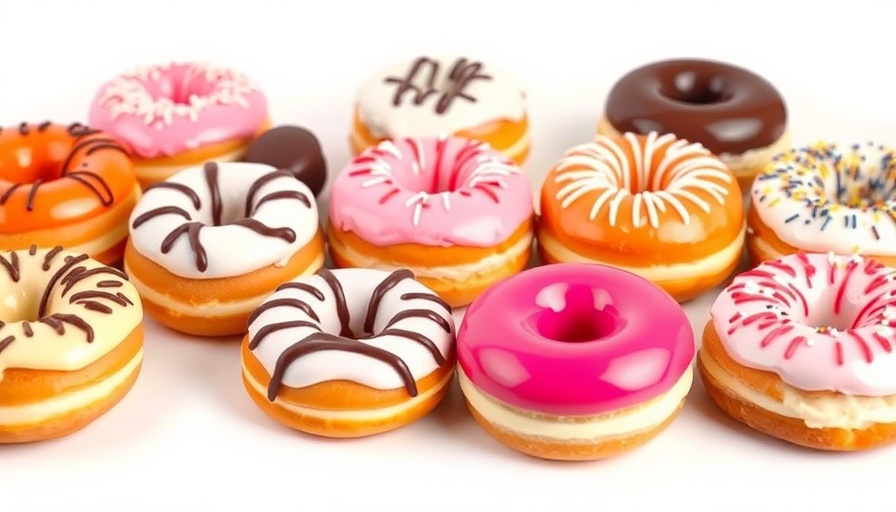 Colorful assorted donuts with toppings displayed neatly.