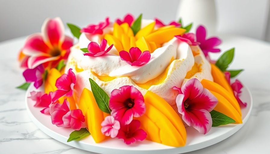 Aquafaba Pavlova Recipe topped with colorful pansies and mango.