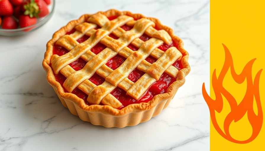 Spring recipe strawberry rhubarb pie with yellow graphic backdrop.