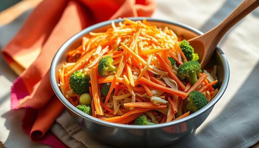Broccoli and Carrot Slaw with Miso Dressing in a bowl with a spoon