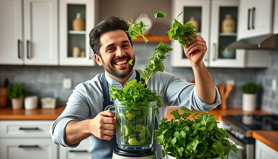 Chef tossing greens in the kitchen with a blender.
