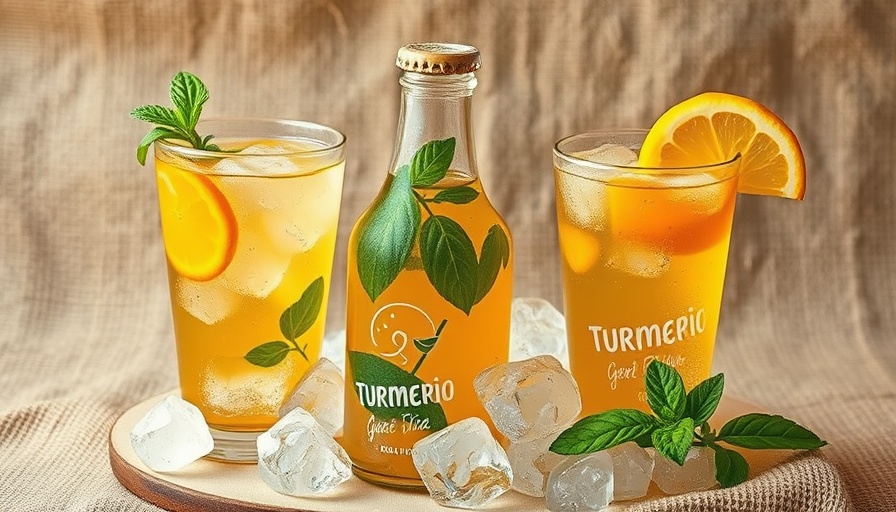 Basil ginger green tea turmeric cooler with ice and garnished glasses.