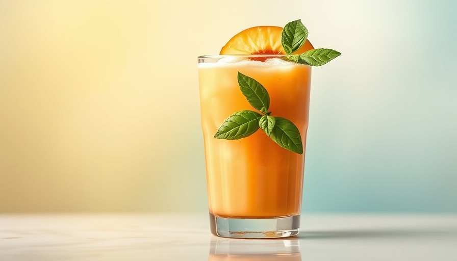 Refreshing summer cocktail with peach and basil against pastel background.