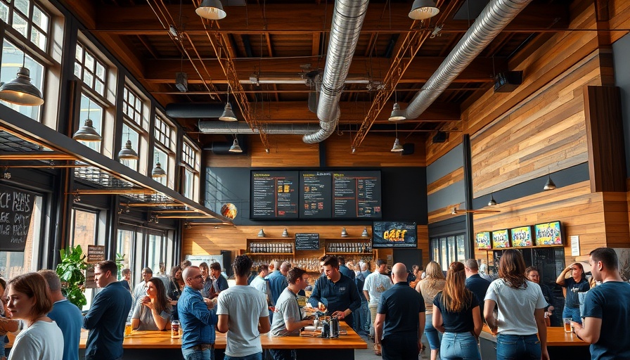 Lively craft beer brewery interior with patrons enjoying the space.