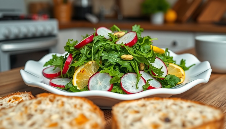 Colorful arugula salad with radishes and lemon slices on a white plate.