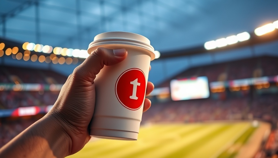 Reusable cup held at sports stadium with blurred background.