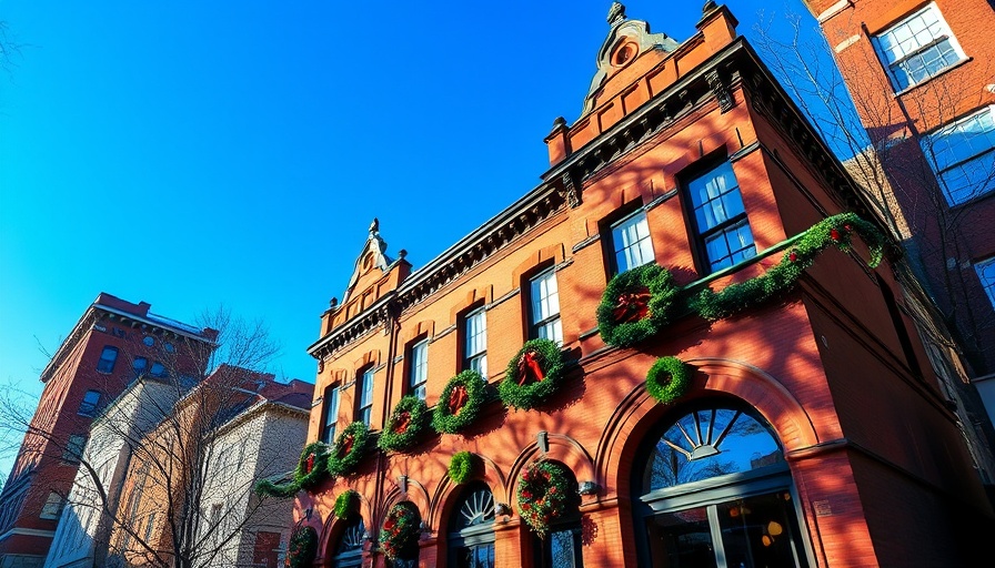 Historic red brick building with festive decor in Colorado
