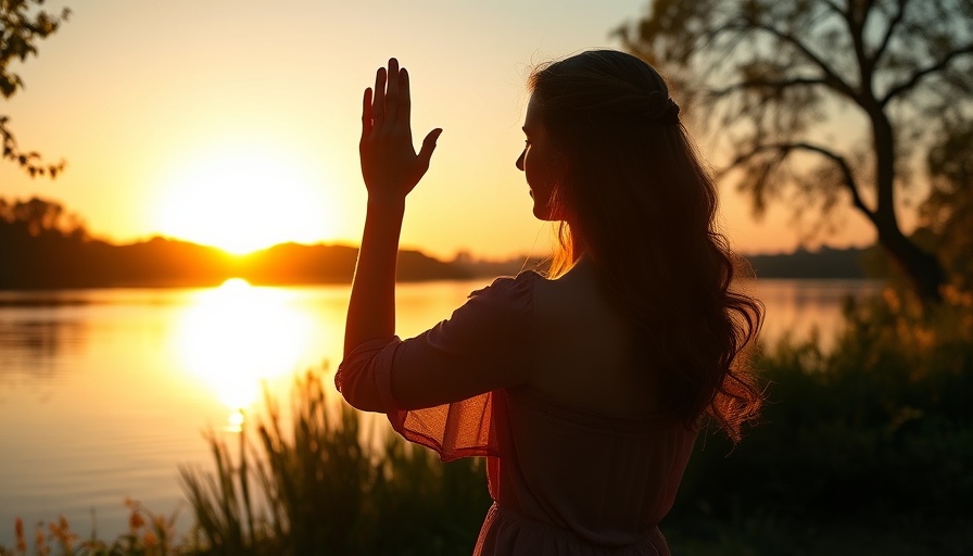 Sunlit woman by lake with hands raised, symbolizing energy needs throughout a woman’s life.