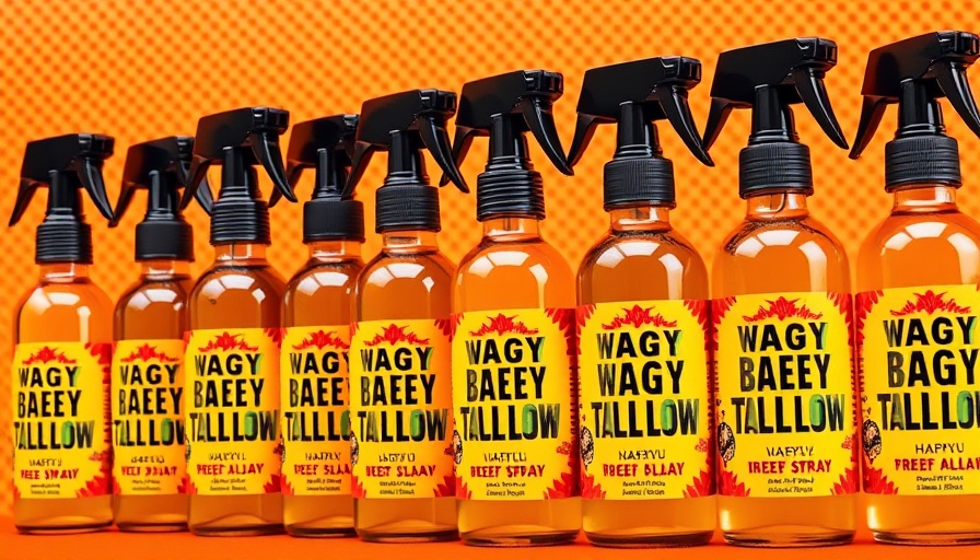 Vibrant lineup of Wagyu Beef Tallow spray bottles on a patterned background.