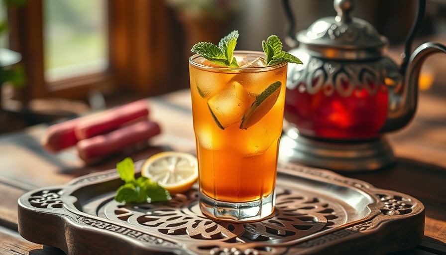 Rhubarb iced green tea on wooden tray with mint and lemon.