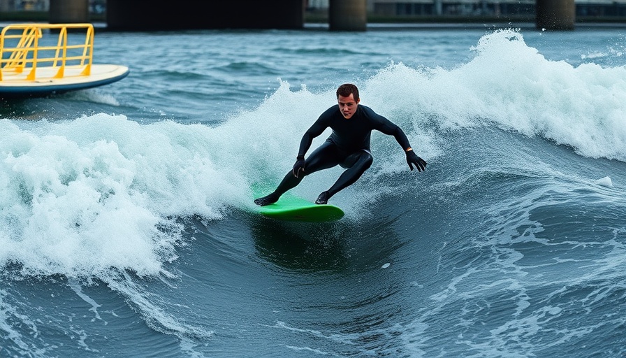 River surfer on green board at best river surfing spot in Colorado
