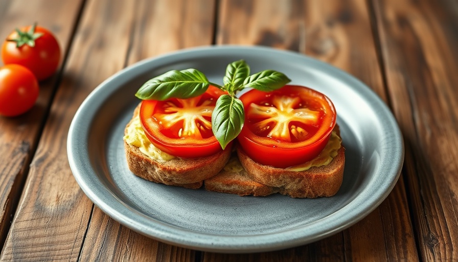 Open-Faced Tomato Sandwich Recipe with basil on a gray plate.