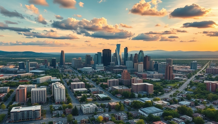 Aerial view of Denver skyline under a sunset sky.