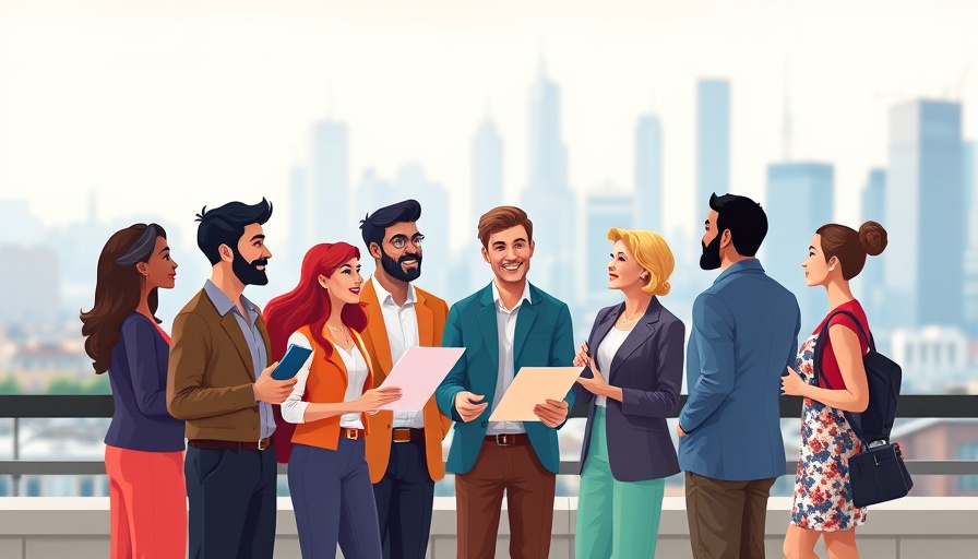 Cartoon group discussing local news sharing services.