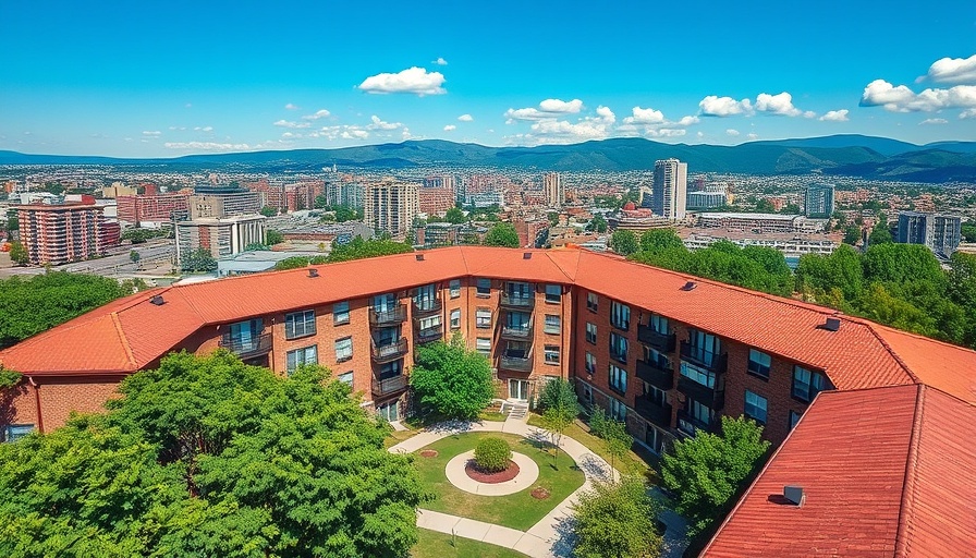 Aerial view of multifamily property in Englewood with mountains.