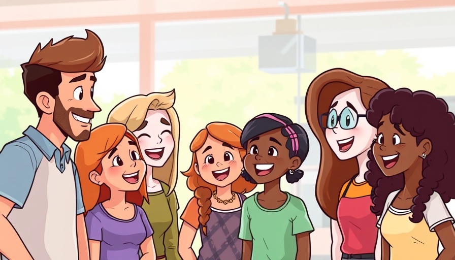 Cartoon group promoting press release service; local news community connections theme.