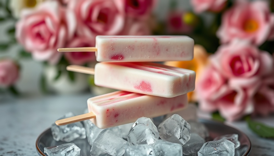 Honey rhubarb yogurt ice pops on ice with floral blur background.
