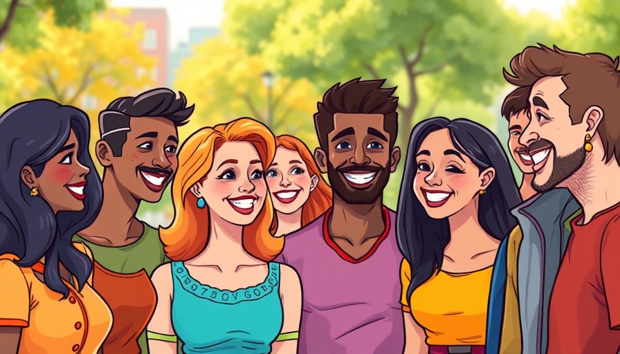 Diverse group in cartoon style sharing community news, smiling together.