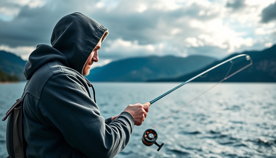 Fisherman at a serene Colorado lake under a cloudy sky.