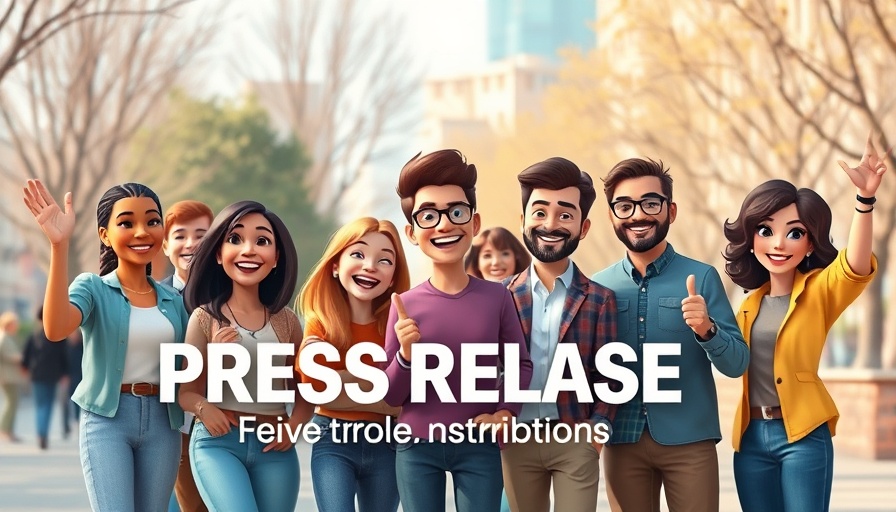 Cartoon group promoting press release service to help publish community news.