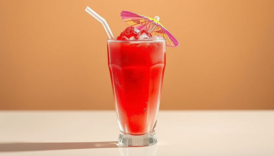 Vibrant frozen cocktail with umbrella and straw, photorealistic.