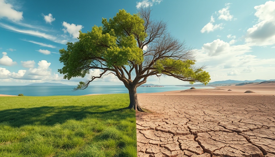 Tree symbolizing climate risk with contrasting landscapes.
