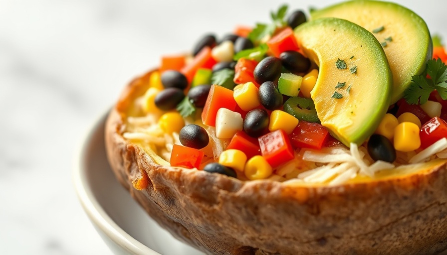 Loaded baked potato bowl with salsa, black beans, corn, avocado, and lime slices.