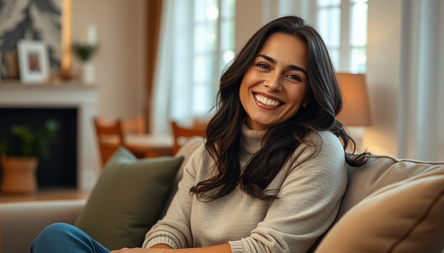 Smiling woman in a cozy living room, embodying peaceful productivity.