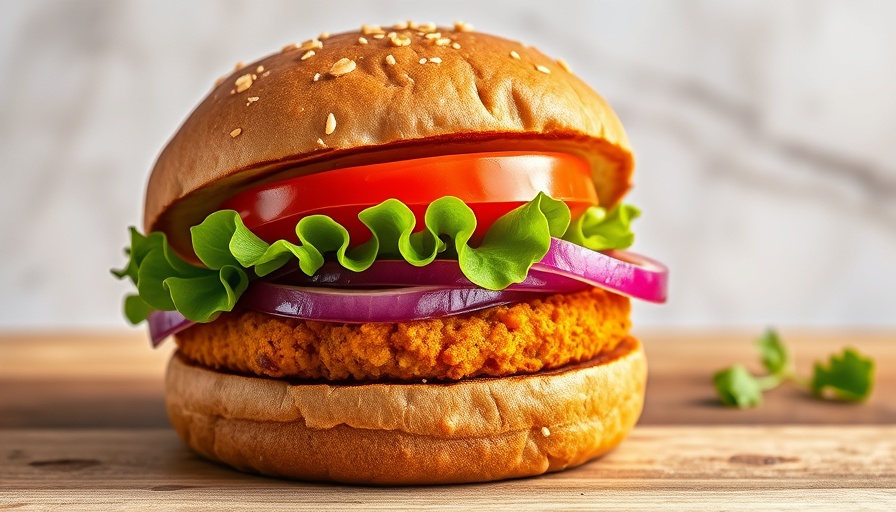 Curried sweet potato burger with fresh vegetables on a bun.